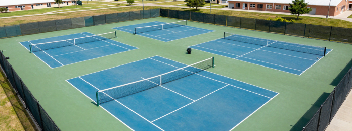 Aerial view of a private club tennis complex with Shift Surface Group courts